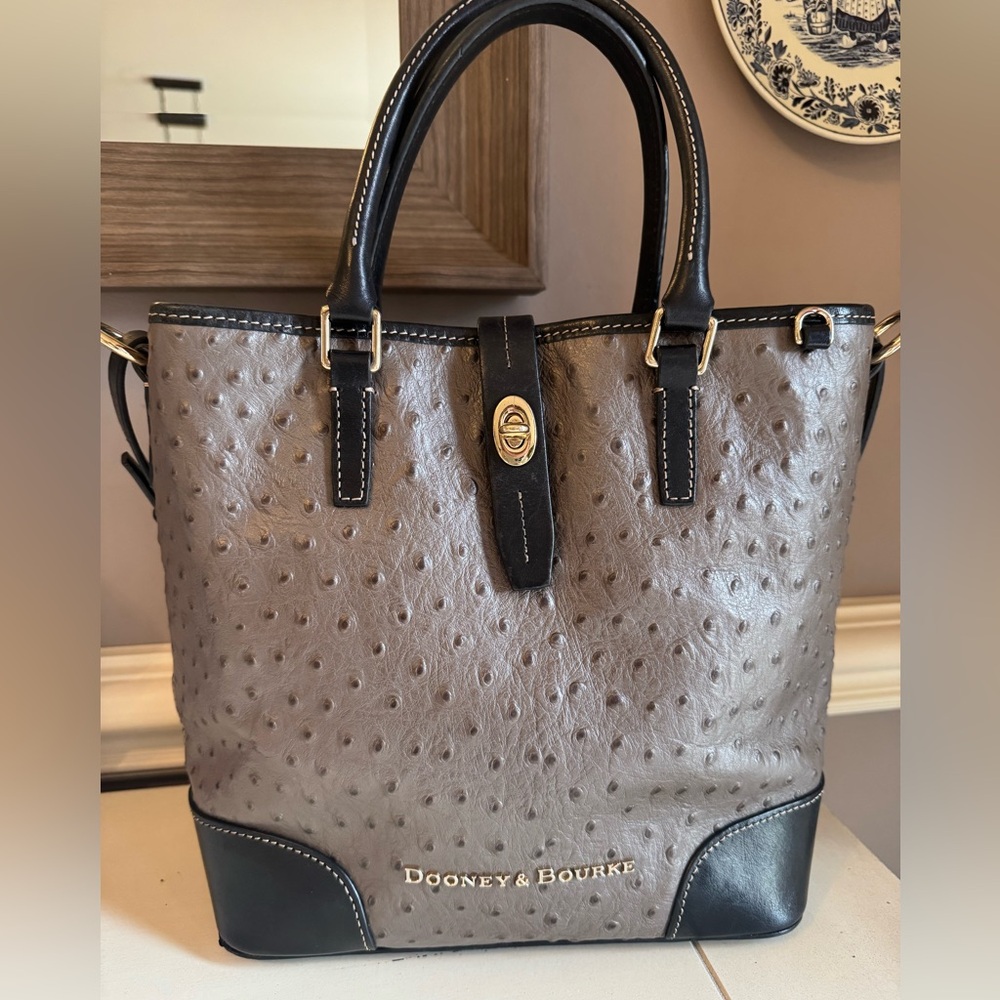 Dooney & Bourke Ostrich Shoulder Bag in Pewter & Black Leather
